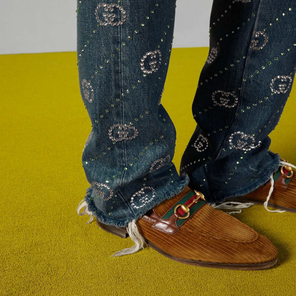 Crystal Interlocking G denim trouser in blue | GUCCI® AE