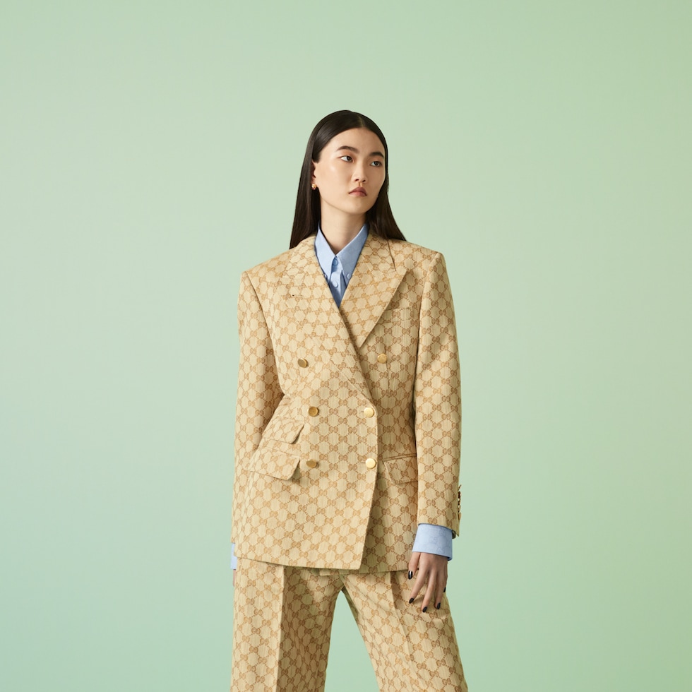 GG Jacquard Linen Cotton Blazer in Beige - Gucci