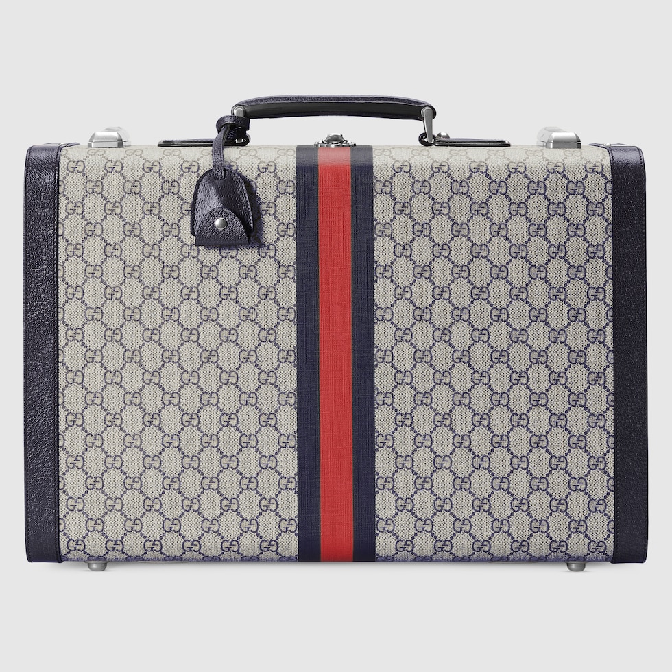 Valigia Gucci Savoy misura media in tessuto Supreme beige e blu