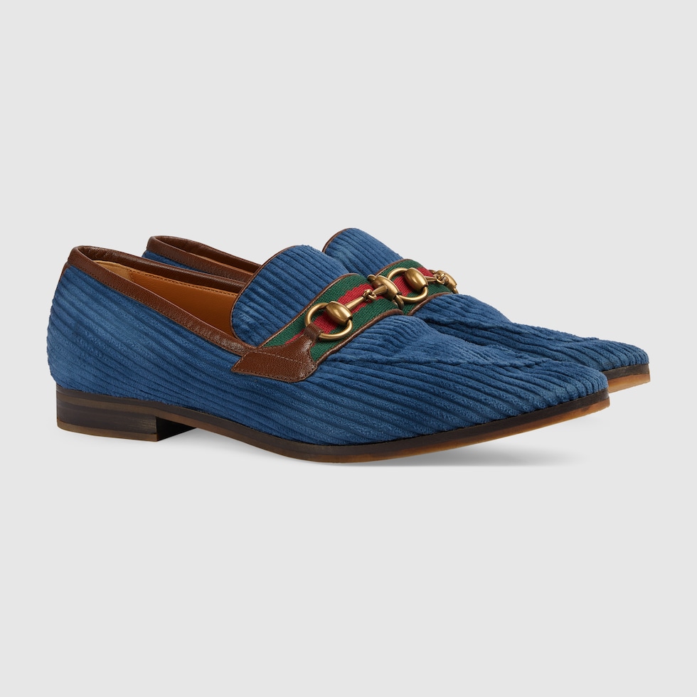 Men s loafer with Horsebit in dark blue velvet corduroy GUCCI