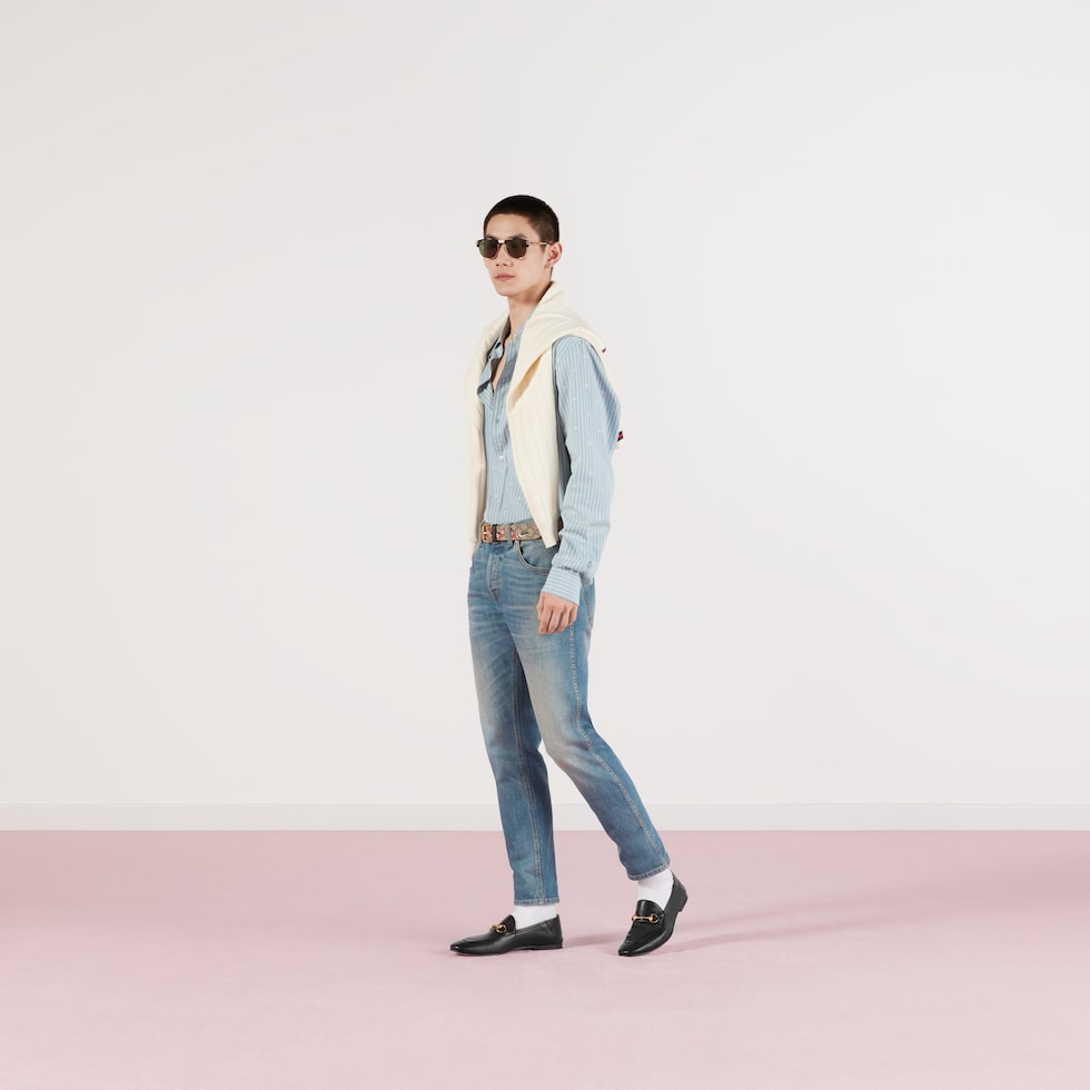 GG stripe fil coupé cotton shirt in light blue and white