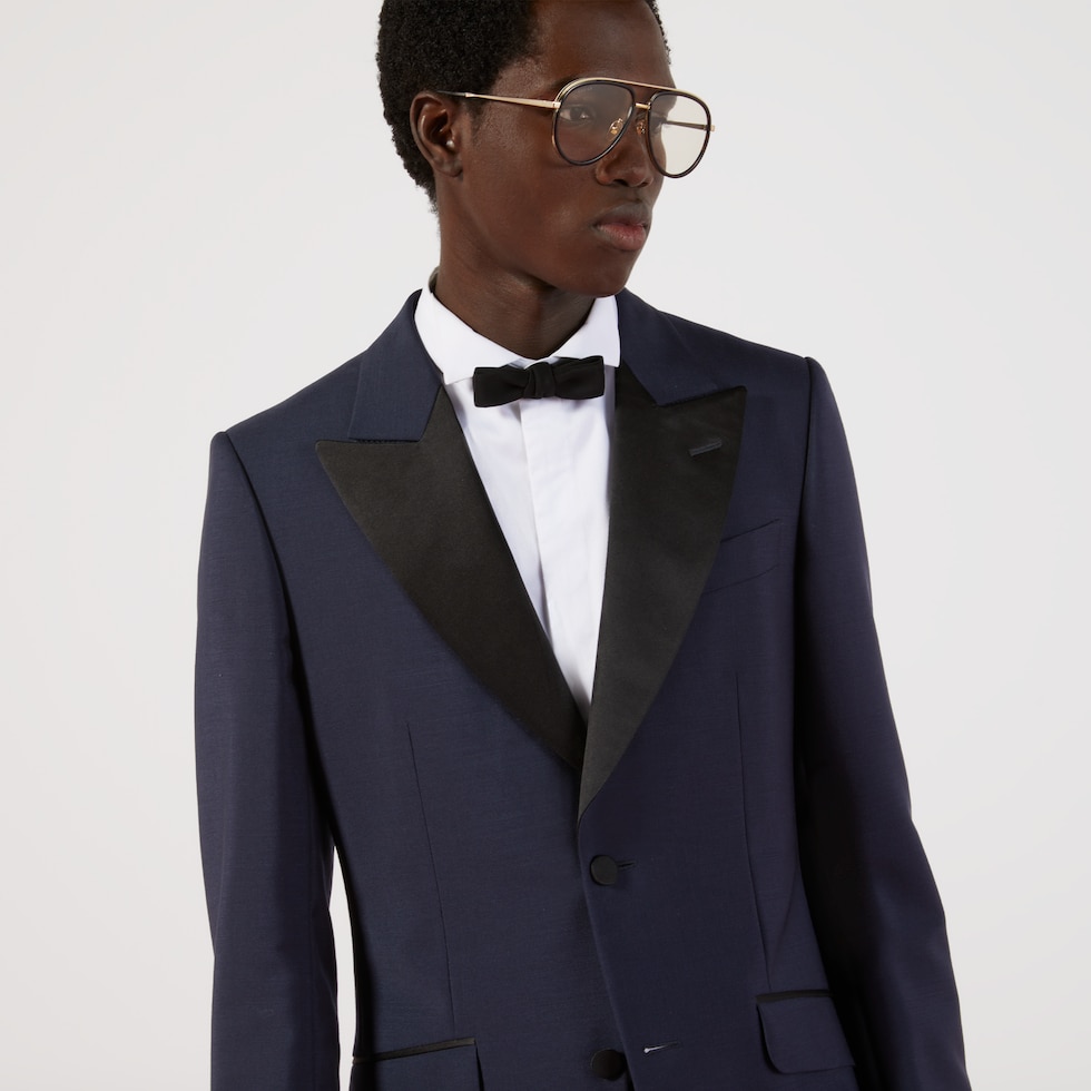 Fitted mohair wool tuxedo in dark blue mohair | GUCCI® SI