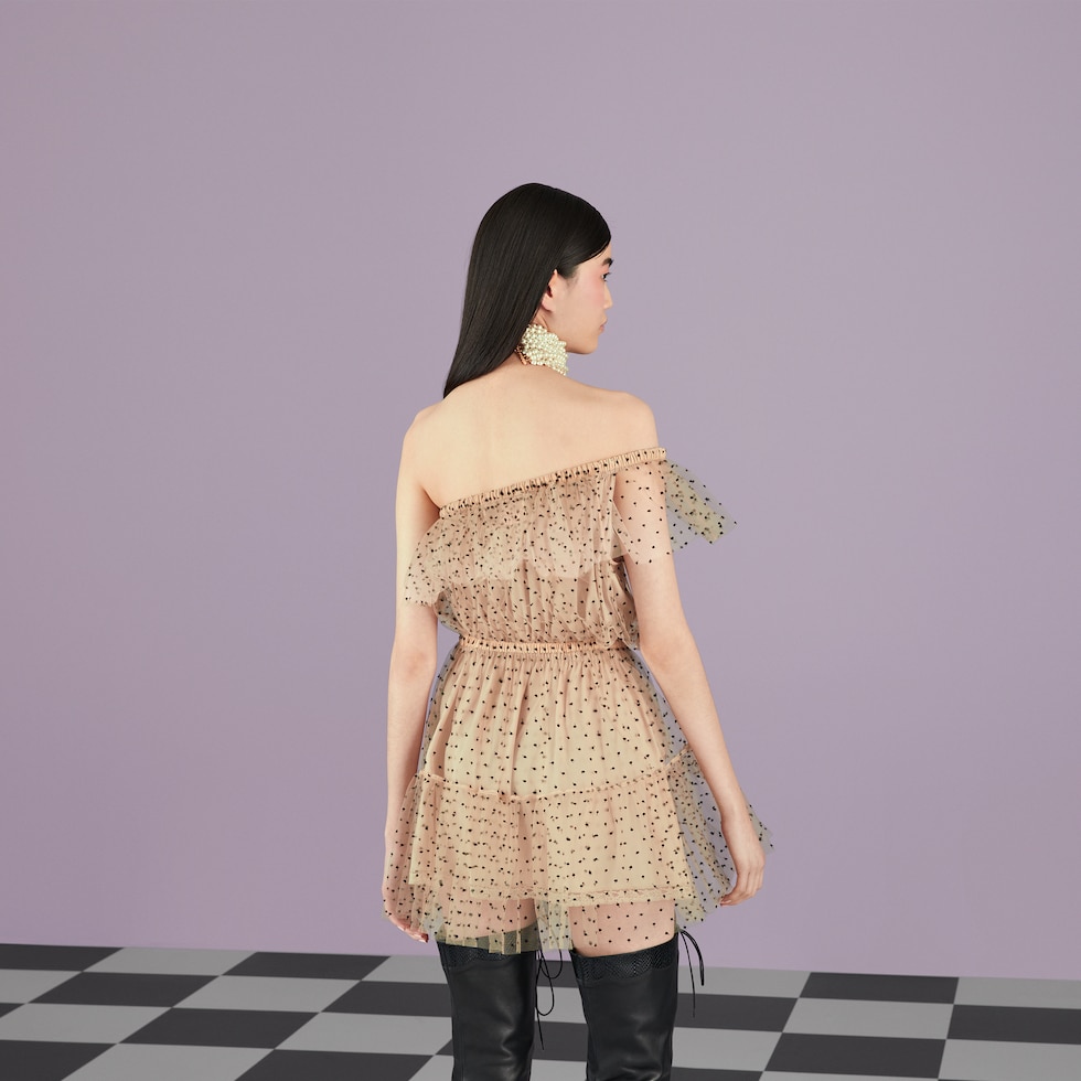 Polka dot sleeveless tulle dress in beige and black | GUCCI® MX