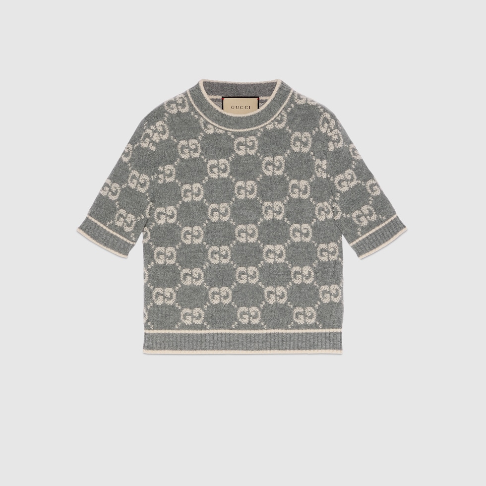 GUCCI GGロゴパターン 半袖ニットセーター　ブークレウールジャカードトップ GUCCI GGロゴパターン 半袖ニットセーターブークレウールジャカードトップ
