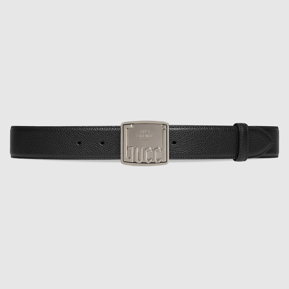 Belt with Gucci plaque buckle in black leather | GUCCI® SG