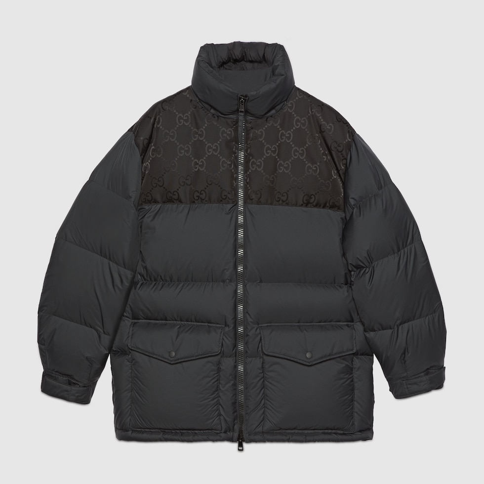 Nylon down jacket with GG inserts in black | GUCCI® US