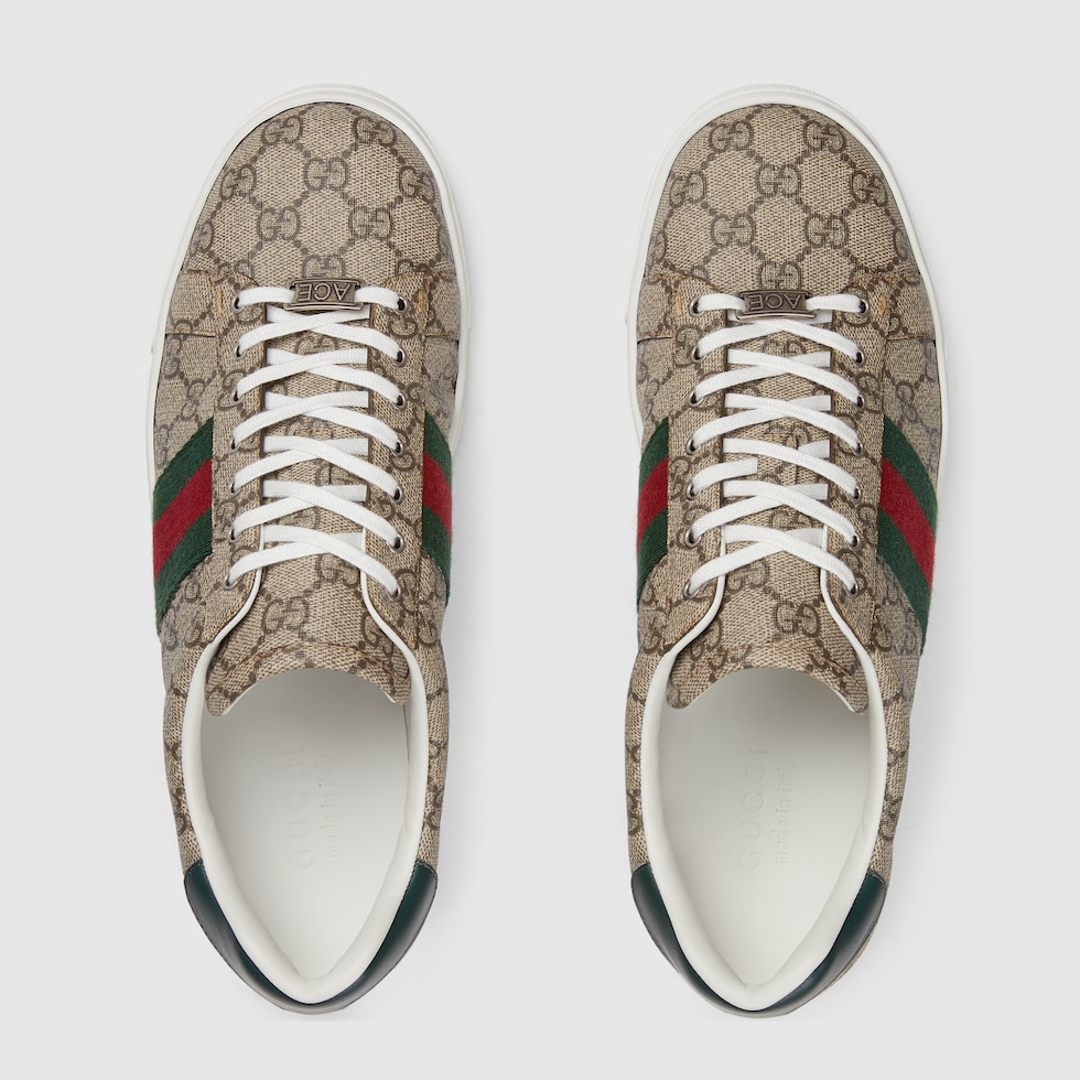 【関税&送料込】Gucci Camel Suede Ace Sneakers Men's Gucci Ace trainer with Web in beige and ebony GG