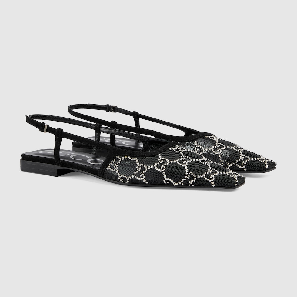 Women's GG slingback ballet flat in black mesh with crystals 