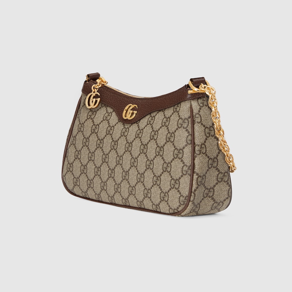 Bolso de hombro Ophidia tamaño pequeño en GG Supreme beige y ébano