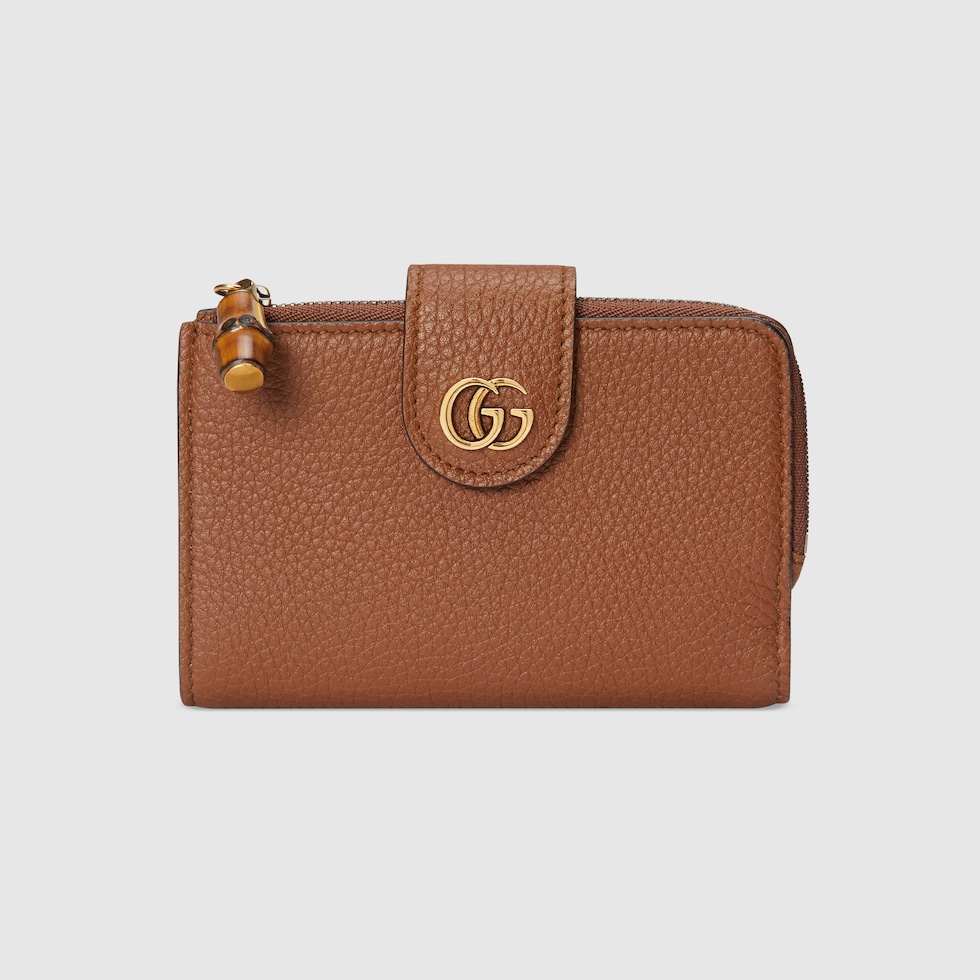 24AW new/GUCCI GGレザートリムウォレット Wallet Brown Zip around wallet with bamboo in brown leather | GUCCI® GR