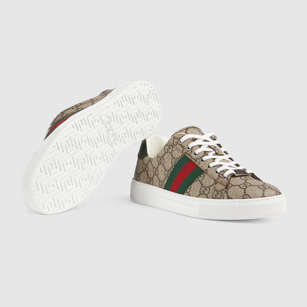 Women's Gucci Ace trainer with Web in beige and ebony Supreme