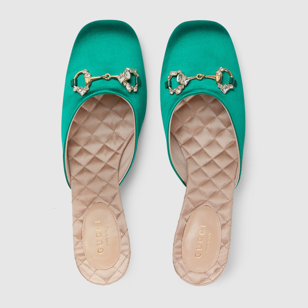Women s Horsebit mule in green satin GUCCI NO