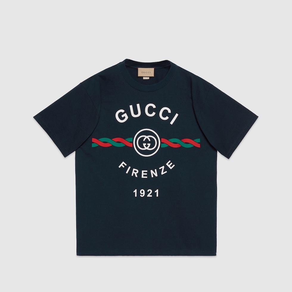 深藍色'Gucci Firenze 1921'棉質針織布T恤| GUCCI® 香港