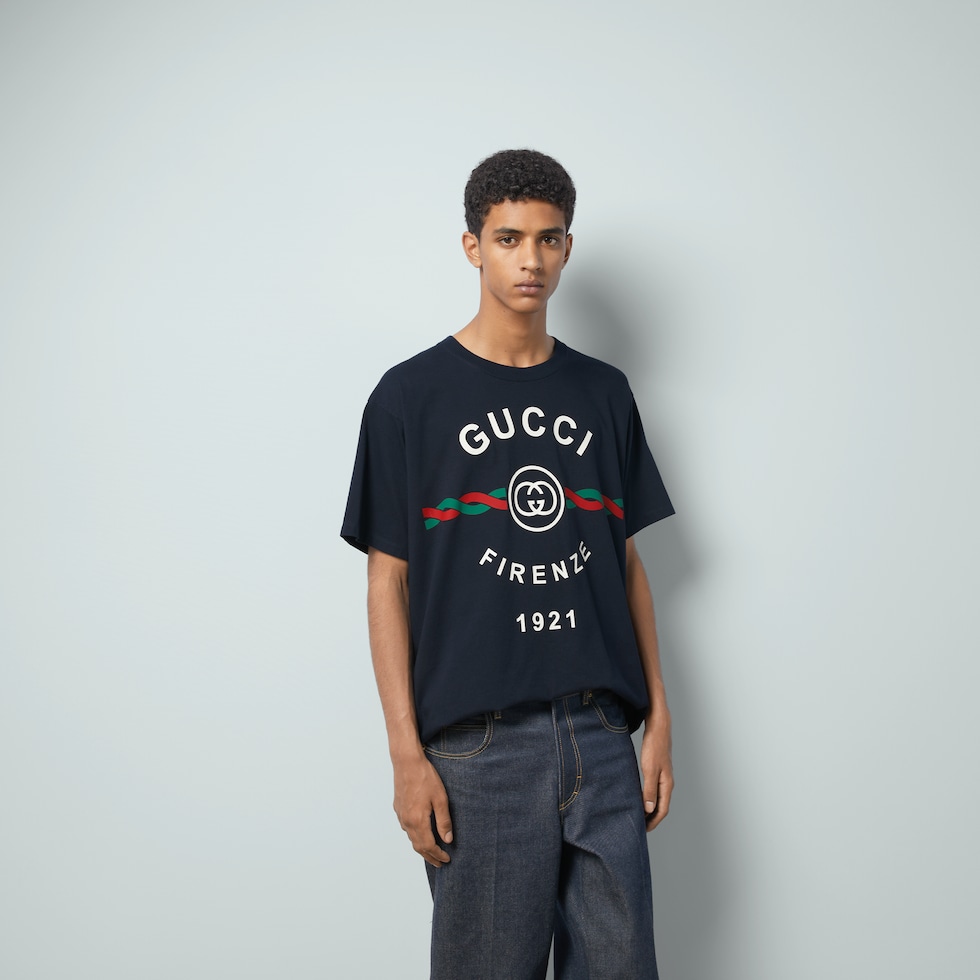 Cotton jersey 'Gucci Firenze 1921' T-shirt in dark blue | GUCCI® US