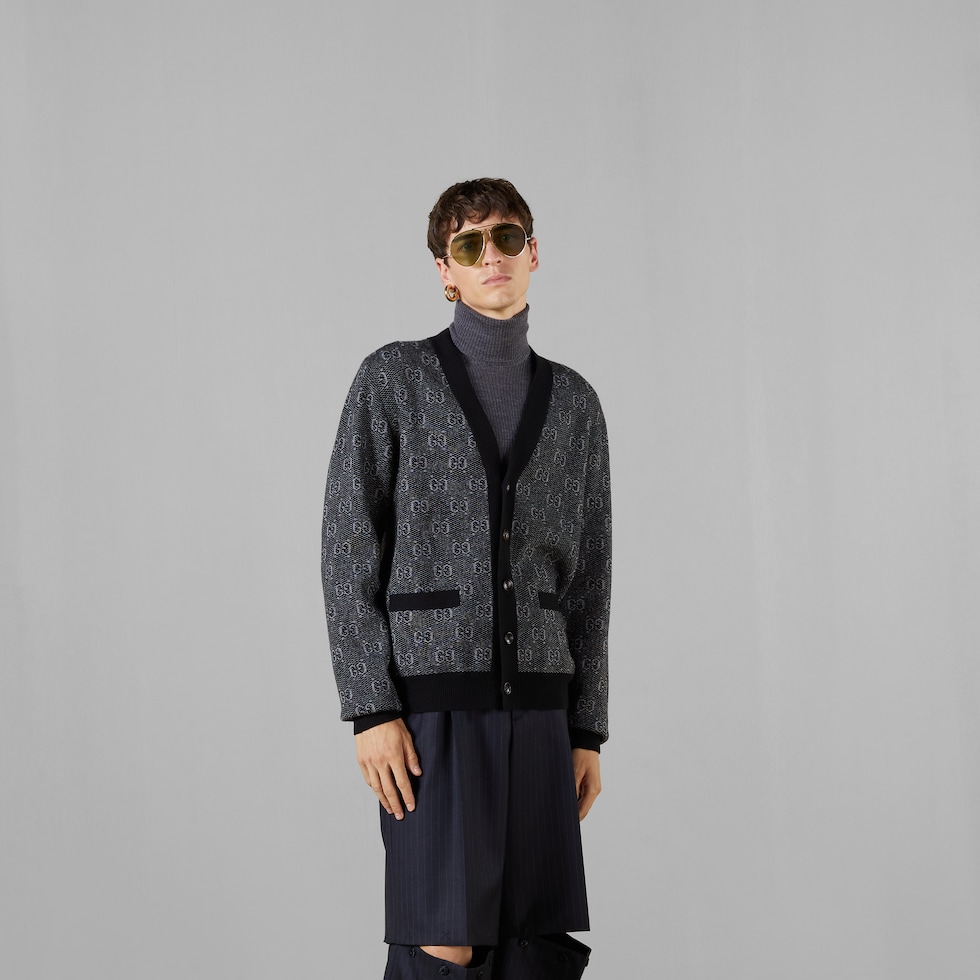 GG wool jacquard cardigan in grey | GUCCI® CA