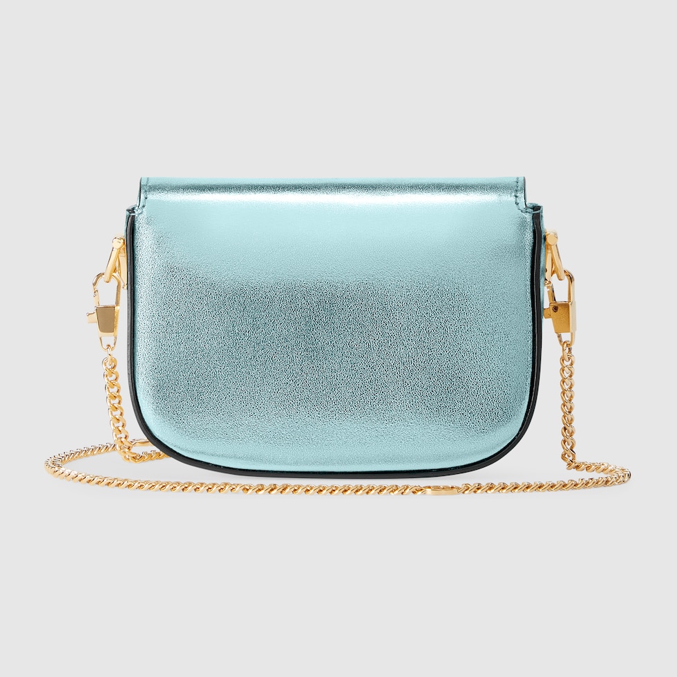 Gucci Horsebit 1955 Super Mini Tasche in hellblaues Metallic Leder GUCCI DE