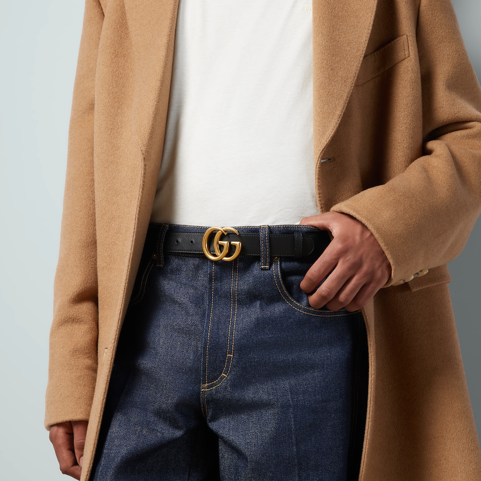 Gucci ブラックレザー ベルト 63-71cm GGマーモント〕シャイニーバックル レザー ベルトブラック