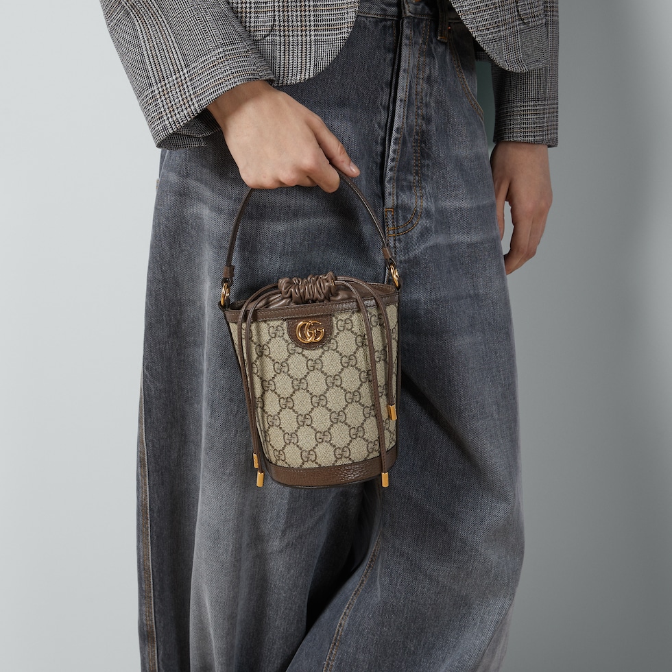 Mini borsa a secchiello Ophidia in tessuto Supreme beige ed ebano GUCCI Italia