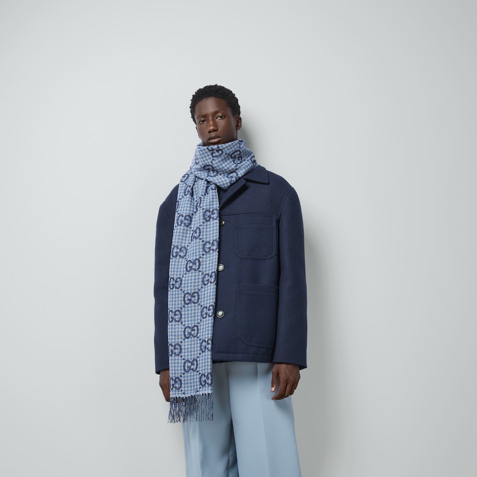 GG rib knit wool scarf in blue and ivory | GUCCI® US