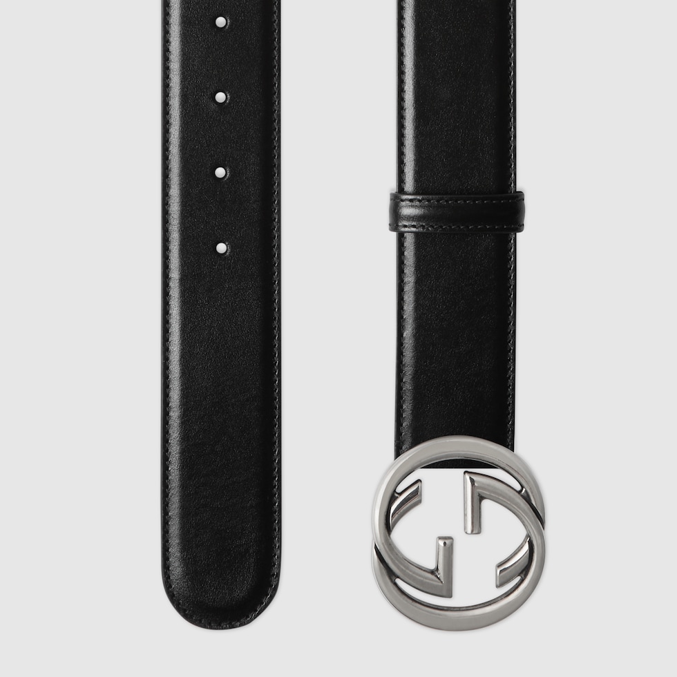Belt with Interlocking G buckle in black leather | GUCCI® US