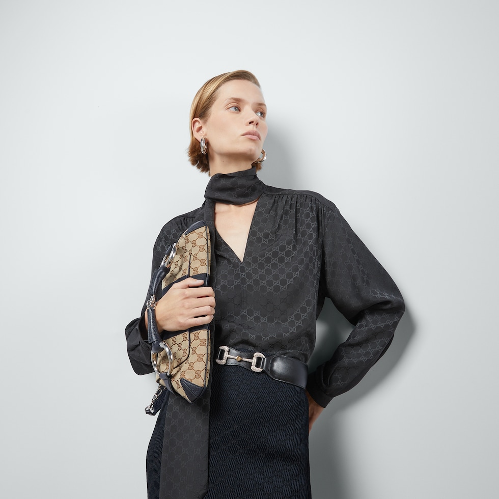 GG silk crêpe shirt with neck bow in black | GUCCI® US