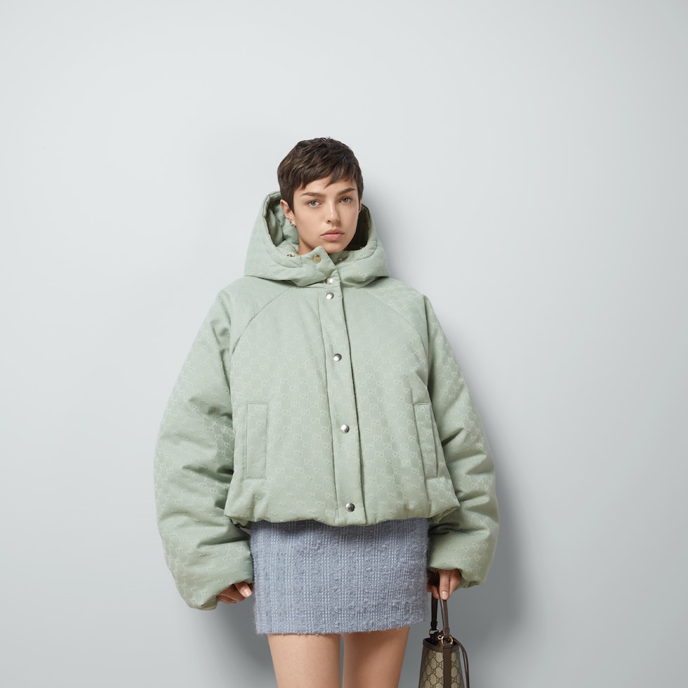 GG canvas hooded bomber jacket in dusty blue | GUCCI® US