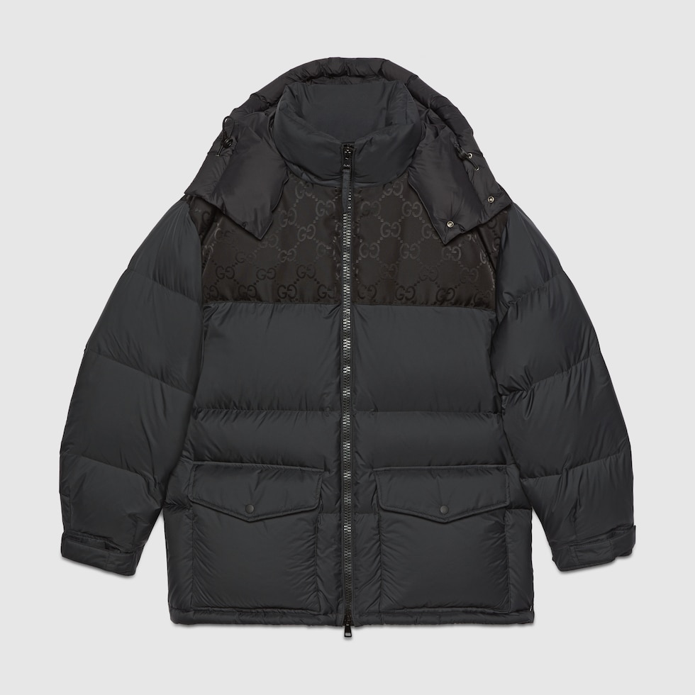 Nylon down jacket with GG inserts in black | GUCCI® US