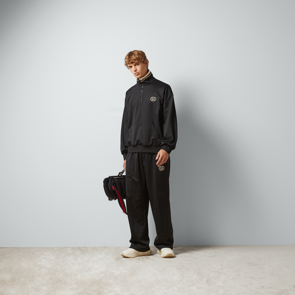 Technical jersey zip jacket with Web in beige and ebony