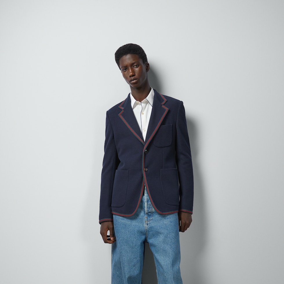 Cotton jersey jacket with Web in dark blue | GUCCI® US