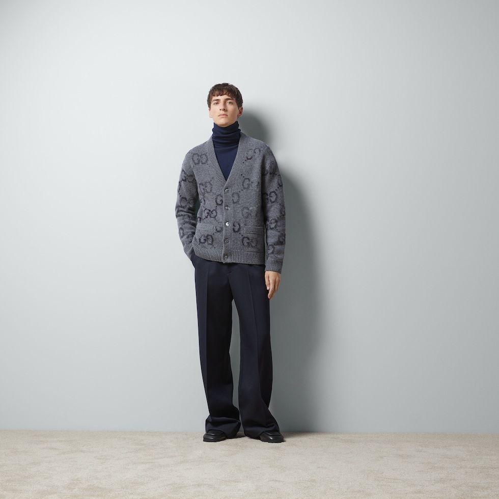 Wool cardigan with GG intarsia in grey | GUCCI® US