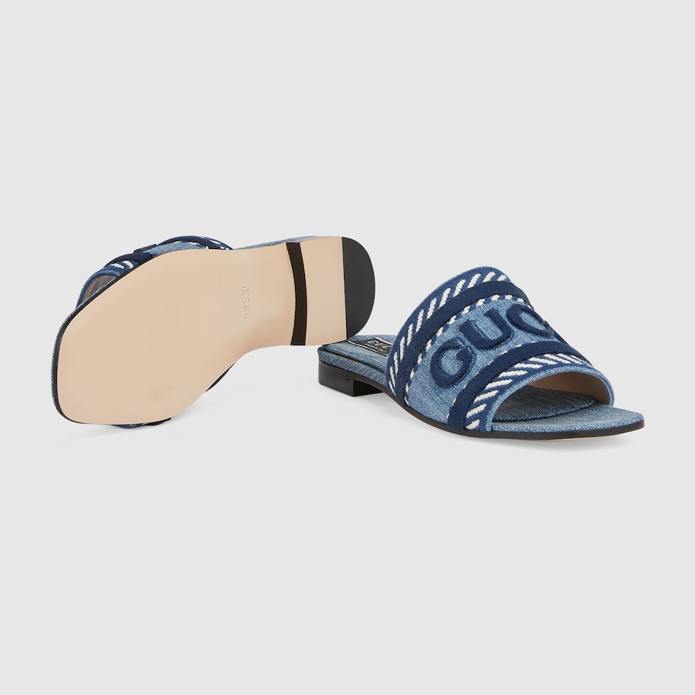 Sandalias tipo chancla con inscripcion Gucci para mujer inmezclilla azul claro GUCCI MX
