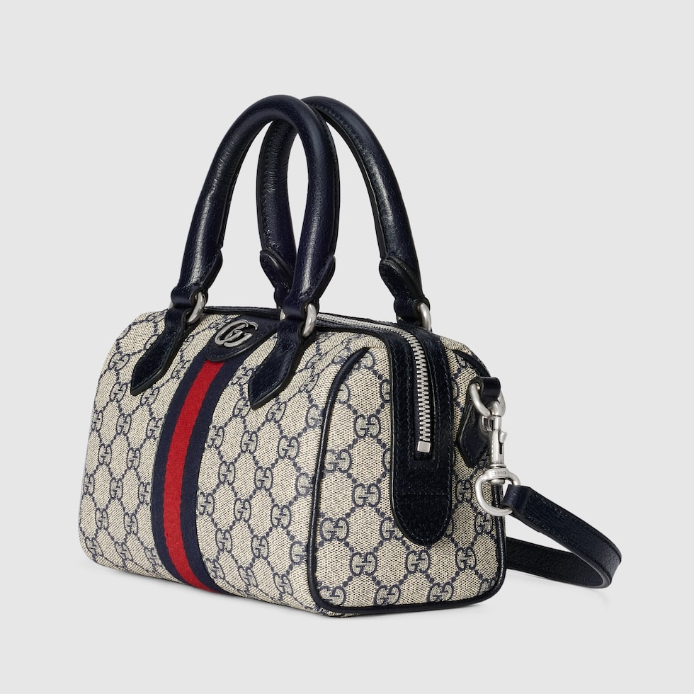 Ophidia small boston bag in beige and blue GG Supreme