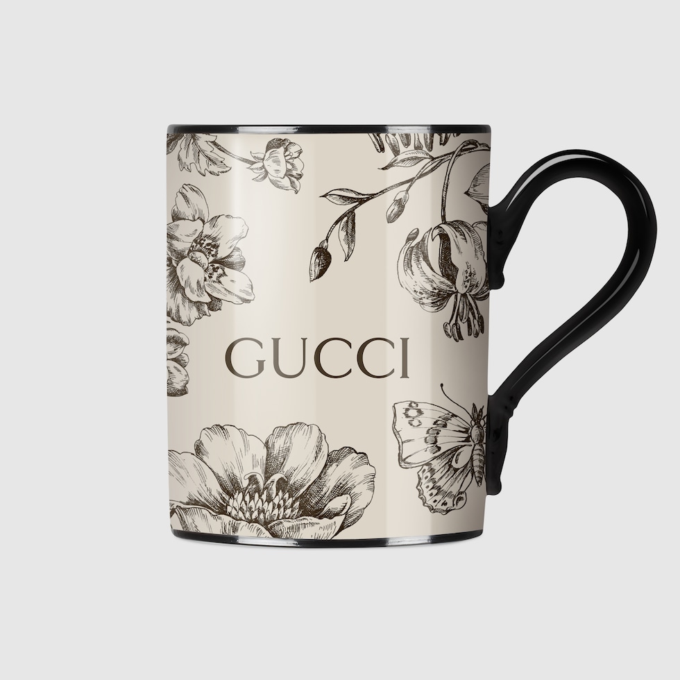 Gucci Flora Sketch print mug in ivory and black porcelain | GUCCI® US