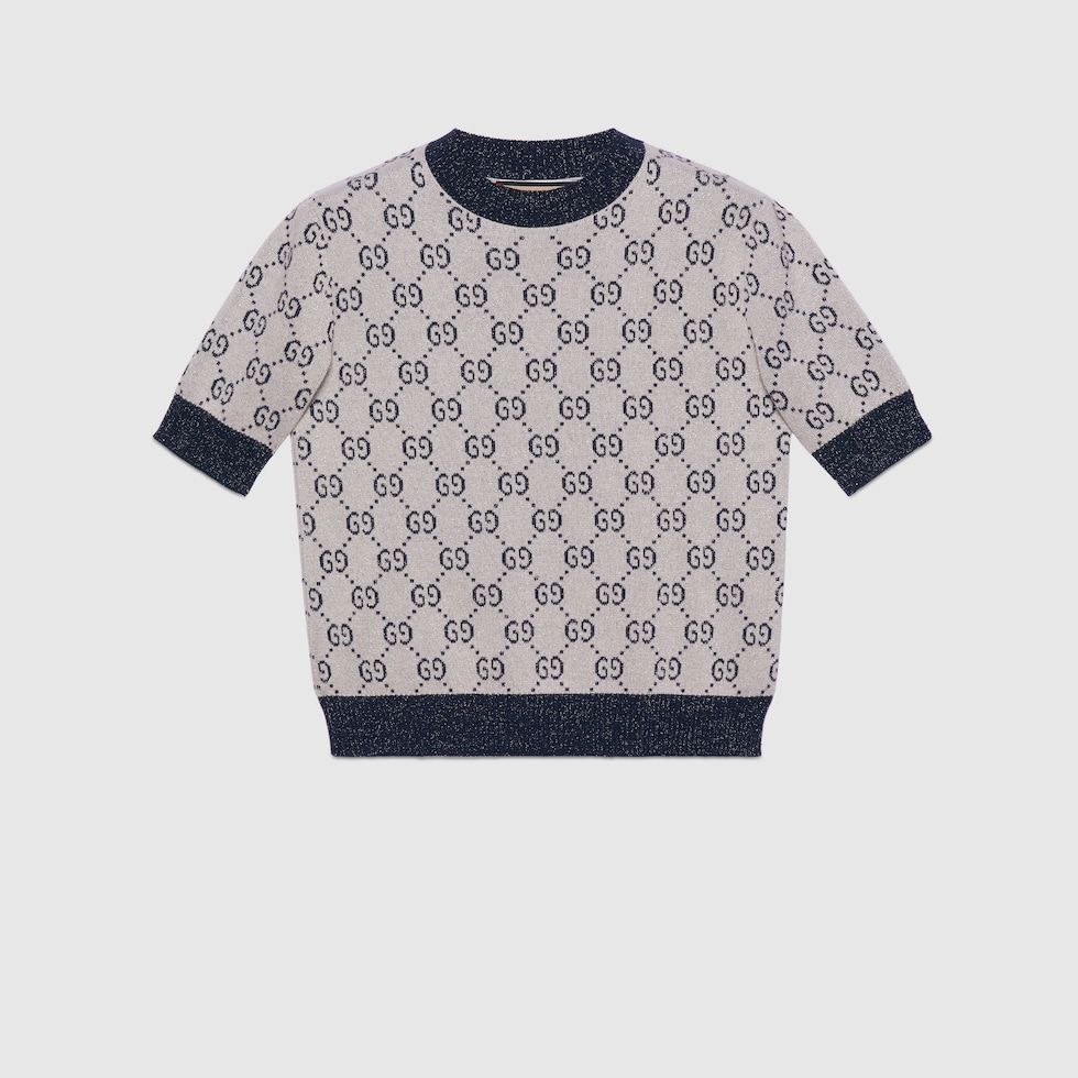 Top de tela metalizada con diseño jacquard con GG en marfil y azul
