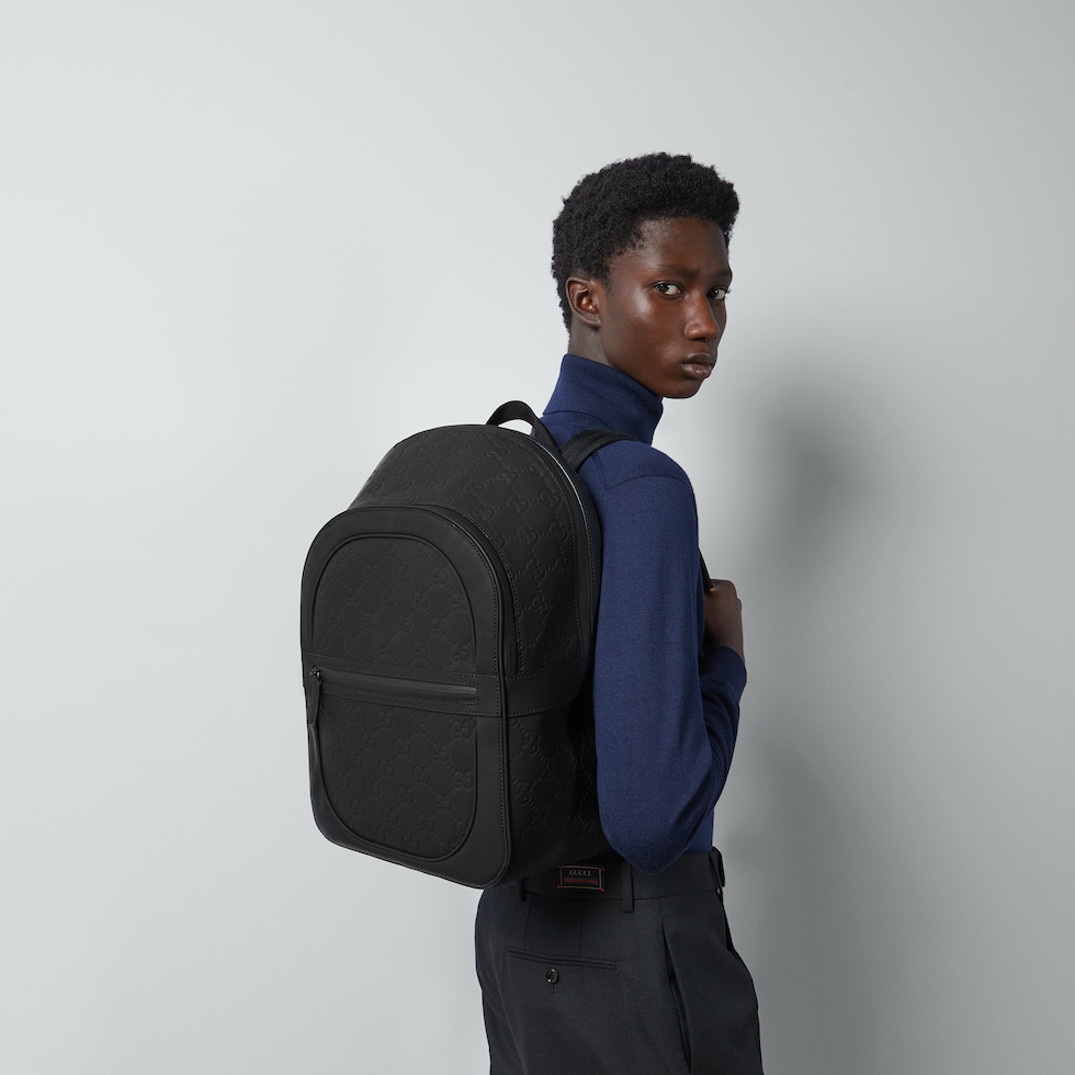 GG rubber-effect backpack in black leather | GUCCI® US