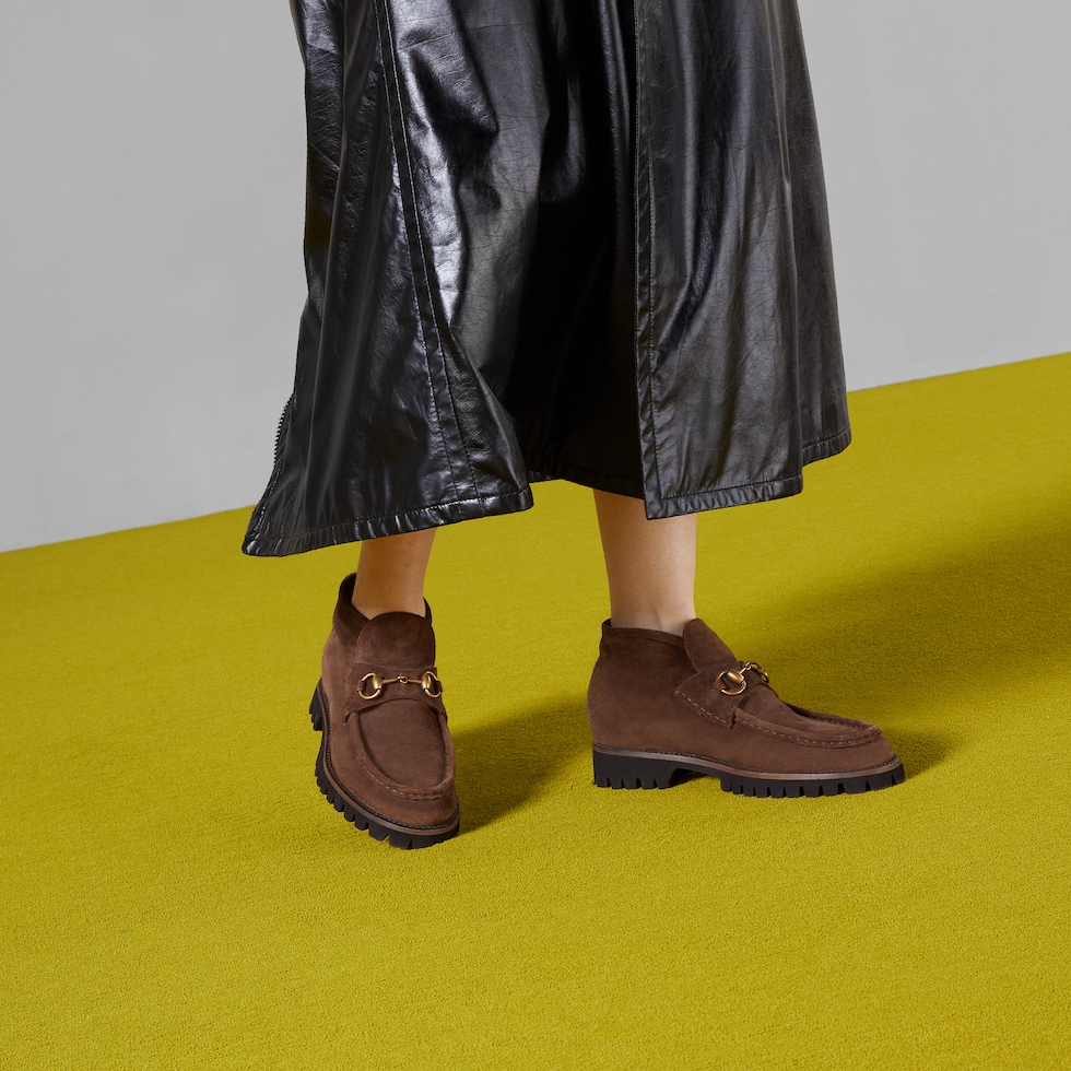 Women s ankle boot with Horsebit in brown suede GUCCI Canada