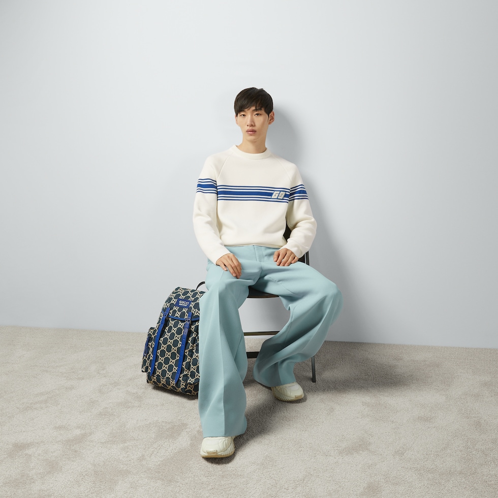 Knit wool sweater with Square GG in ivory and blue | GUCCI® US