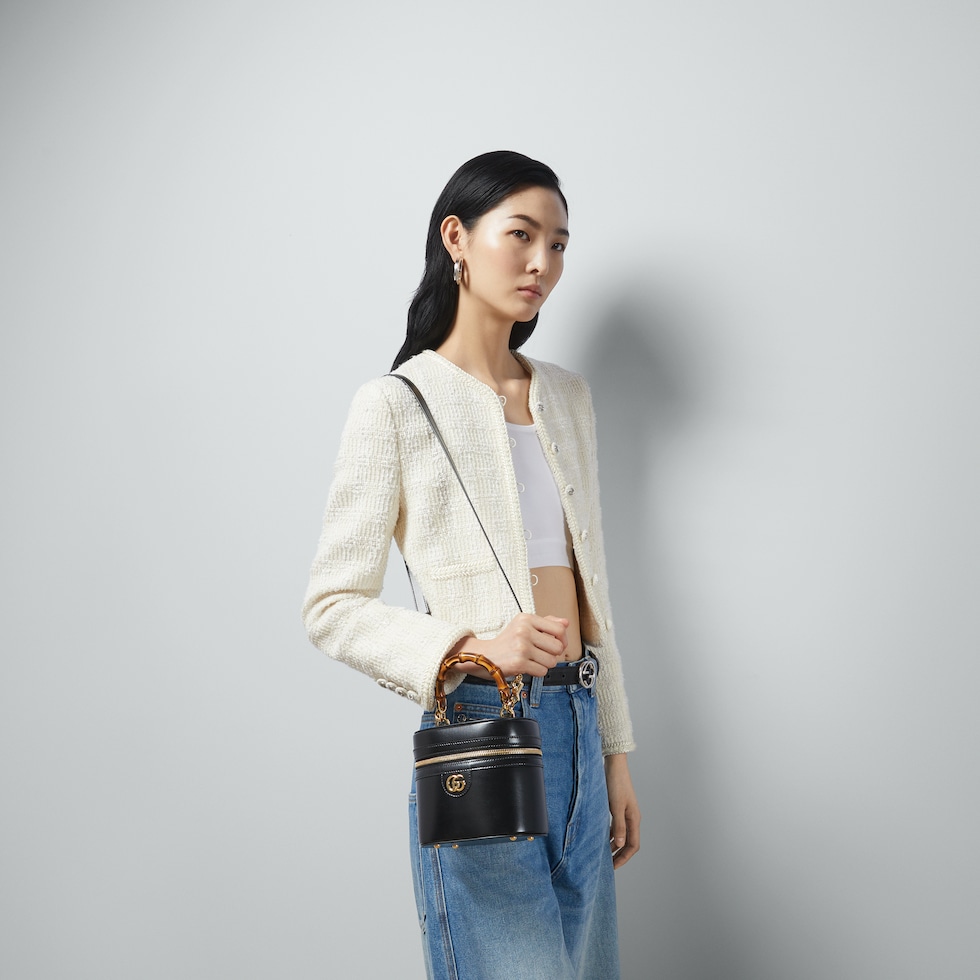 Mini vanity bag with bamboo handle in black leather | GUCCI® US