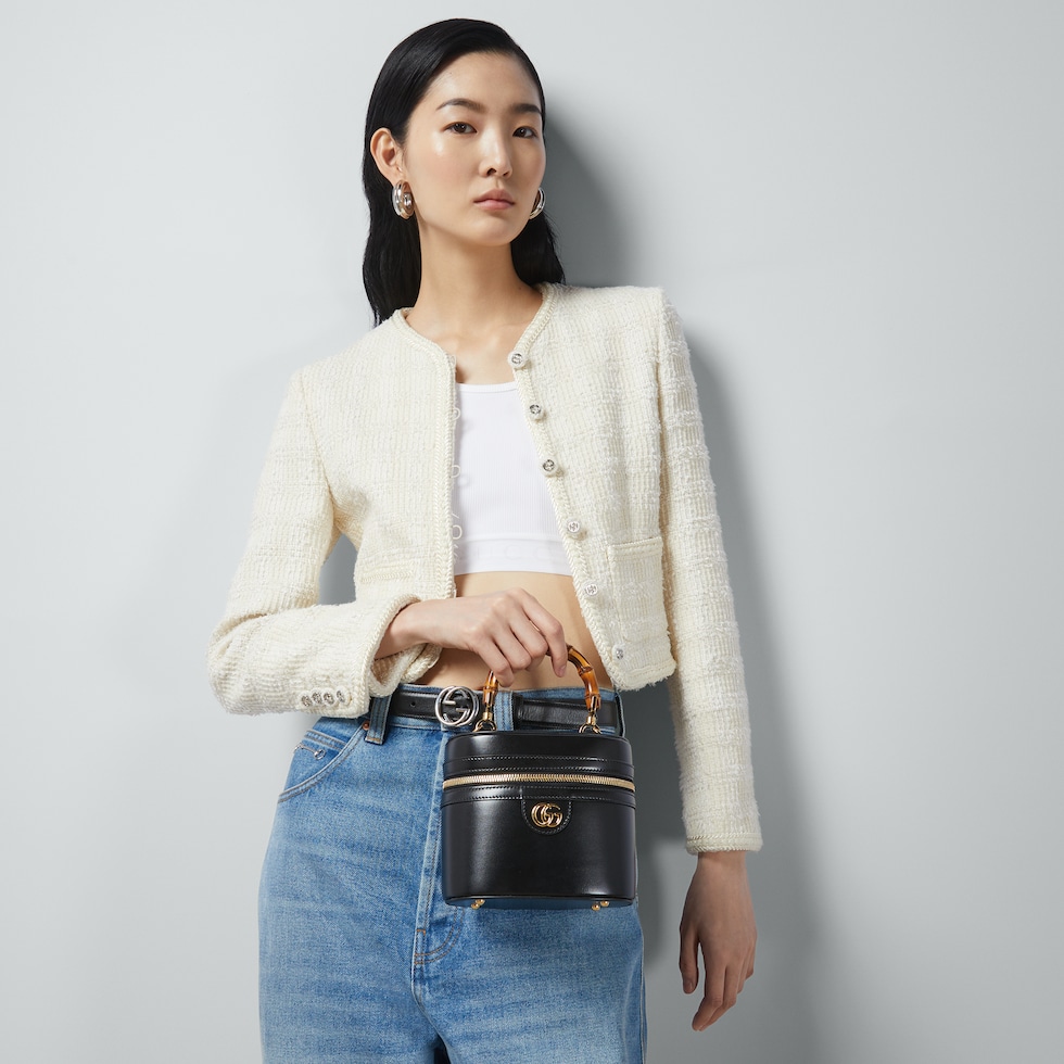 GUCCI ヴァニティバッグ Mini vanity bag with bamboo handle in black leather | GUCCI® US