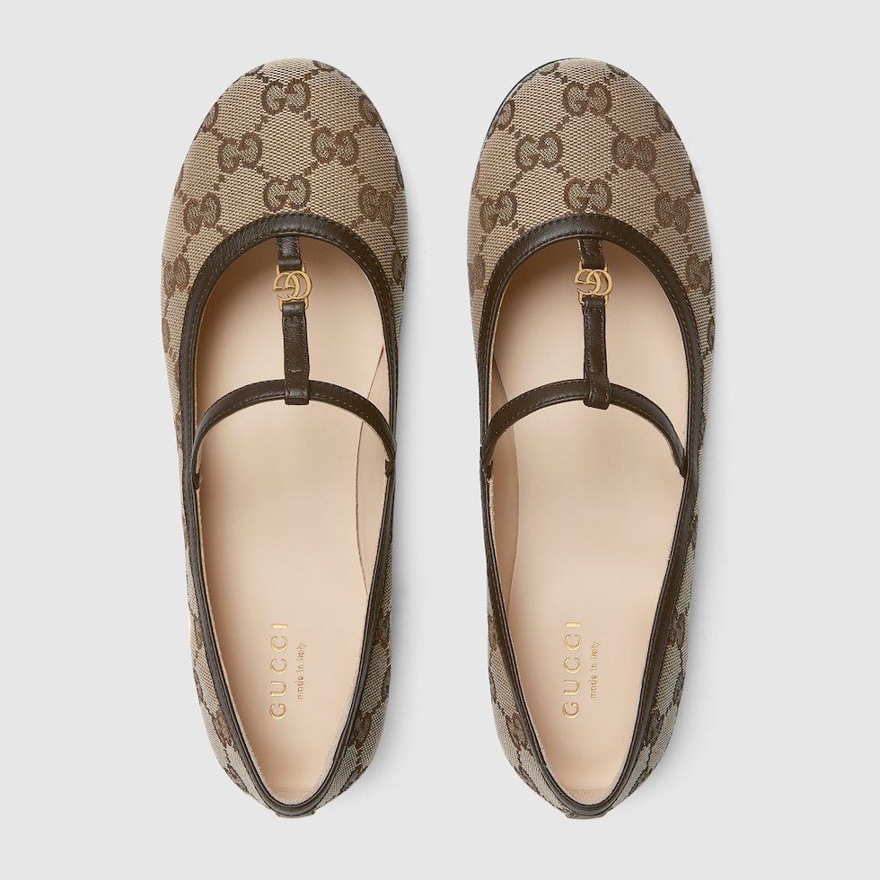 Teen Double G ballet flat in beige and ebony GG canvas