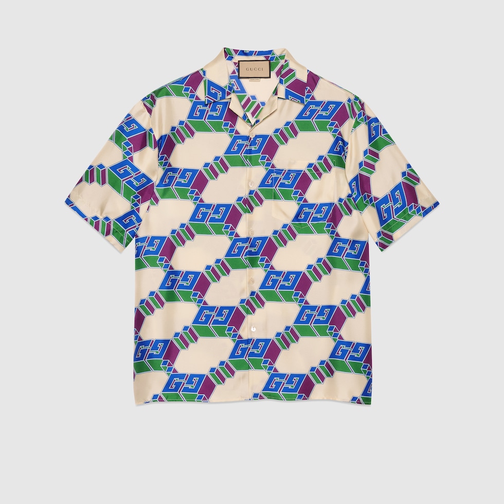 3D GG print silk shirt in ivory and blue | GUCCI® US