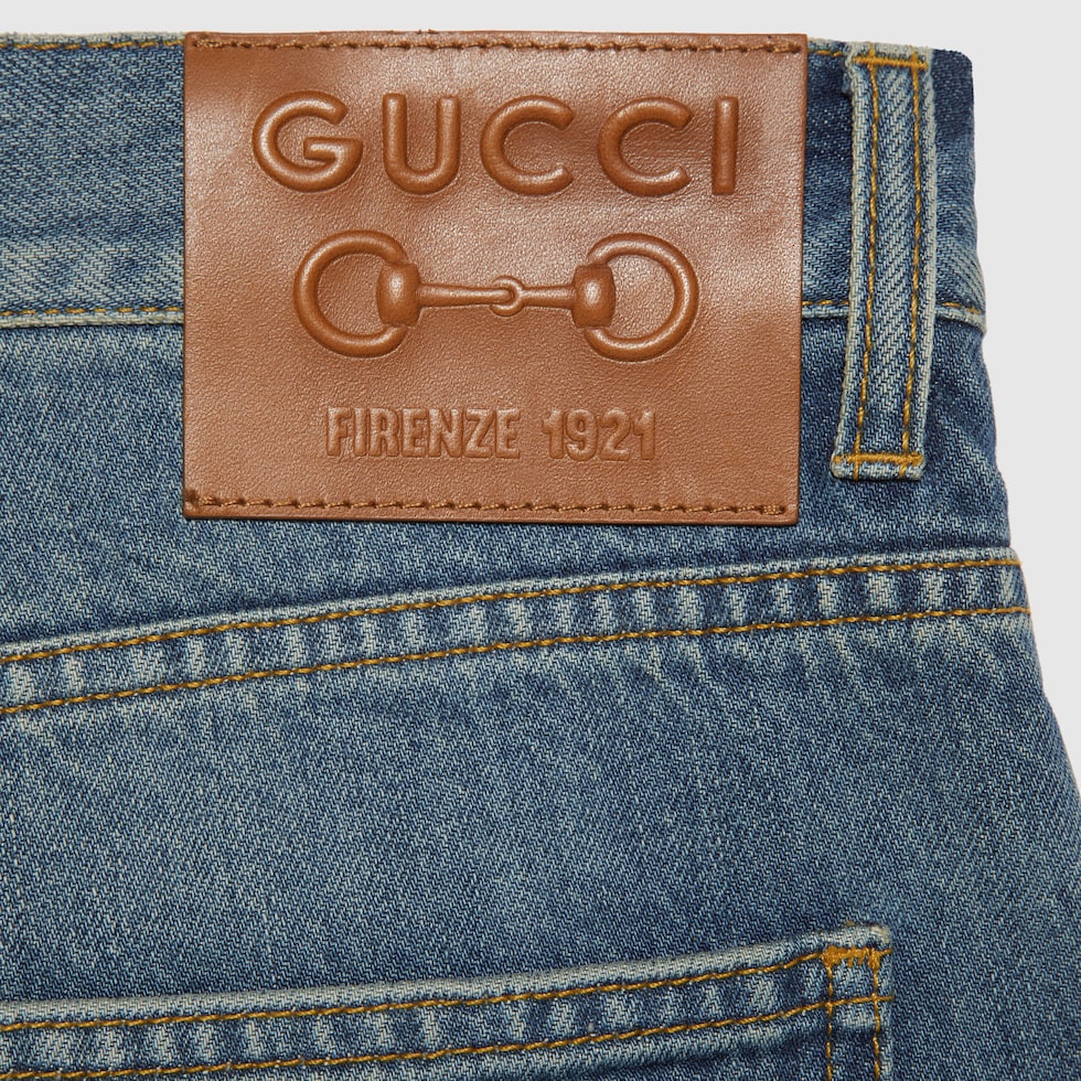 Denim pant with leather label in blue | GUCCI® US