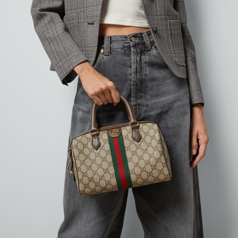 Ophidia small top handle bag in beige and ebony canvas GUCCI AE