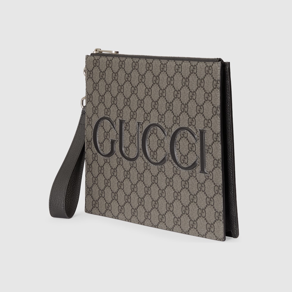 ストラップ付き GUCCI ポーチグレー＆ブラック GGスプリーム 