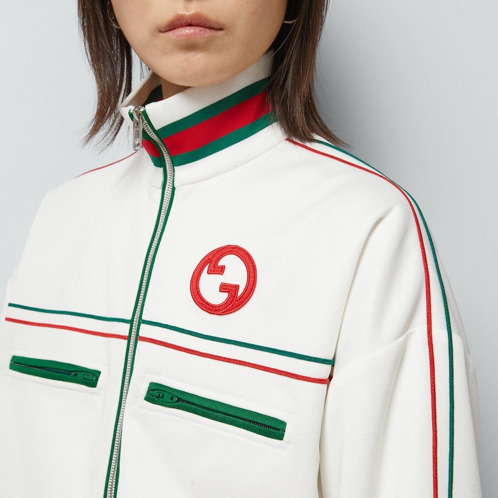 Technical jersey zip jacket with Web in off white | GUCCI® US