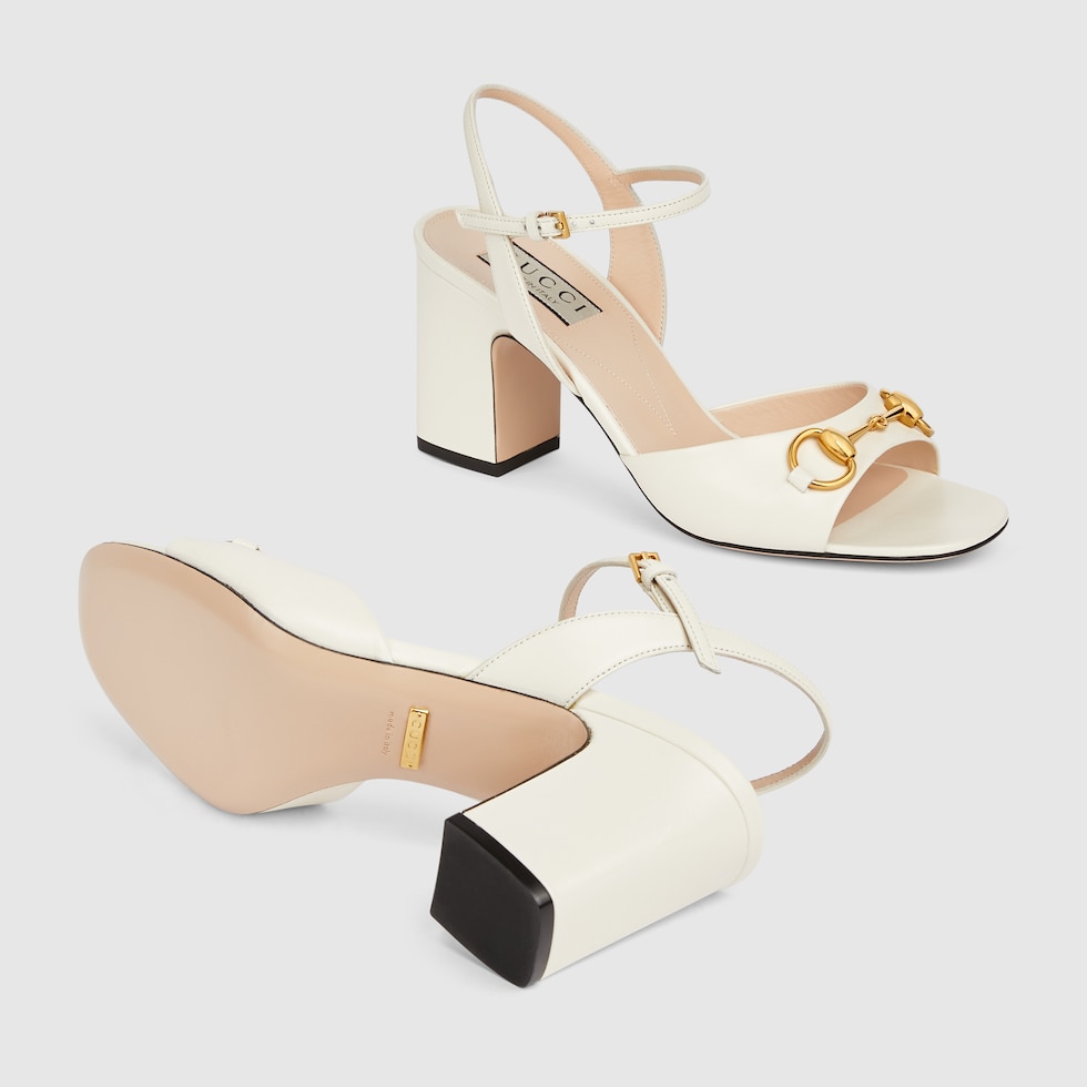 Women s mid heel sandal with Horsebit in white leather GUCCI
