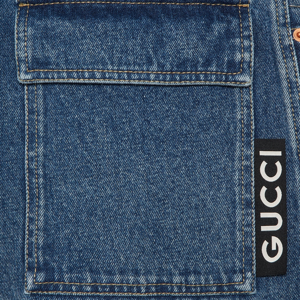 Denim pant with Gucci label in blue | GUCCI® Canada