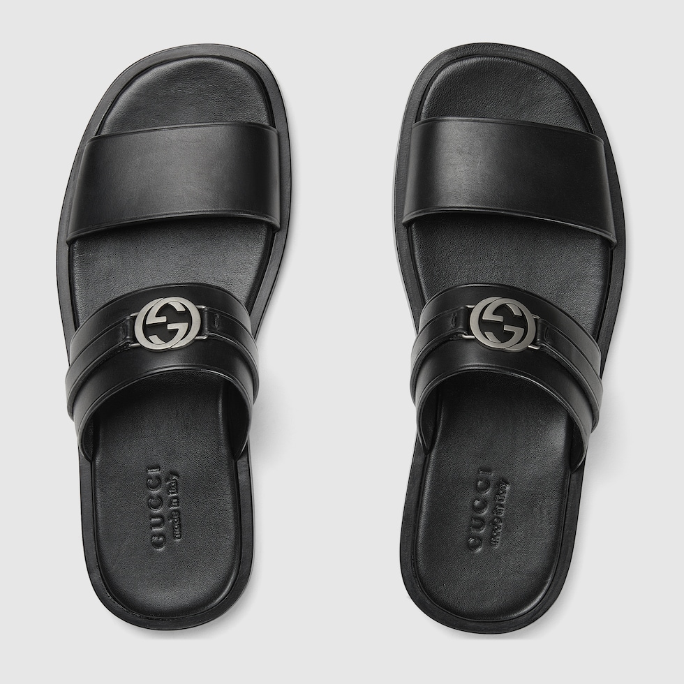 Men's sandal with Round Interlocking G in black leather | GUCCI® US