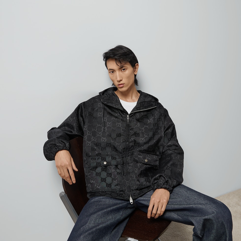 Gucci Off The Grid hooded jacket in black GG ECONYL® | GUCCI® US