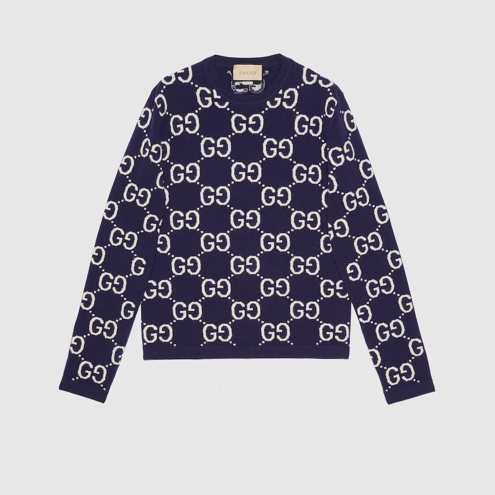 GG wool jacquard sweater in blue and ivory | GUCCI® US
